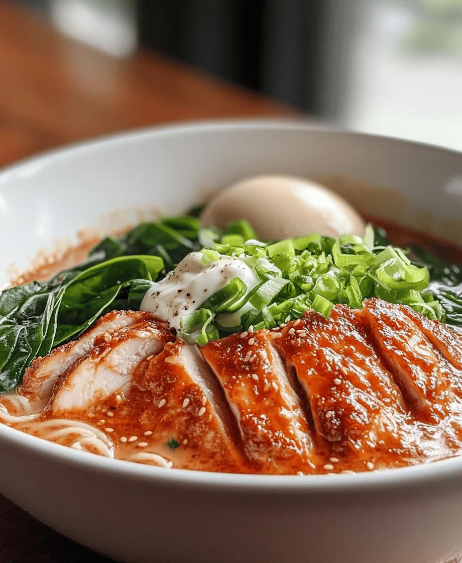Ramen is more than just a meal; it's an experience that transports you to the bustling streets of Japan, where each bowl tells a story of tradition, flavor, and craftsmanship. Among the many variations of this beloved dish, the <strong>Fiery Chicken Ramen with Creamy Garlic Sauce</strong> stands out as a daring and delectable option that combines rich flavors and tantalizing heat. This recipe is perfect for those looking to elevate their ramen game, transforming a simple bowl of noodles into a gourmet experience that excites the palate.” /></p>
</p>
<h3>Guide to Simmering Chicken Broth with Aromatics</h3>
</p>
<p>Creating a flavorful base for your Fiery Chicken Ramen begins with a well-prepared chicken broth. Start by placing your chicken pieces (preferably thighs for their richness) in a large pot. Cover them with water and bring it to a gentle boil. As the broth heats, add aromatics such as chopped onions, ginger slices, and a few cloves of garlic. These ingredients infuse your broth with deep, savory flavors while also providing numerous health benefits.</p>
</p>
<p>Simmer the broth on low heat for at least an hour. This slow cooking process allows the chicken to tenderize and the flavors to meld beautifully. Skim any foam that rises to the surface to ensure your broth remains clear and clean-tasting. As it simmers, the garlic releases its naturally pungent aroma, which not only enhances the broth but also offers health benefits like improved immune function and anti-inflammatory properties.</p>
</p>
<p>Once the broth has developed a rich flavor, it’s time to incorporate miso paste, which adds depth and umami. This fermented soybean product is a staple in Japanese cooking and comes in various types, such as white, yellow, and red, each offering unique flavor profiles.</p>
</p>
<h3>The Role of Garlic and Its Health Benefits</h3>
</p>
<p>Garlic plays a dual role in this recipe; it enhances flavor while also providing a plethora of health benefits. The active compounds in garlic, particularly allicin, are known for their antibacterial and antiviral properties. Including garlic in your ramen not only boosts its taste but also contributes to overall wellness, making your meal not only delicious but nutritious.</p>
</p>
<h3>How to Properly Incorporate Miso Paste into the Broth</h3>
</p>
<p>To integrate miso paste into your broth successfully, first ladle a small amount of the hot broth into a separate bowl and whisk in the miso until smooth. This step prevents clumps of miso from forming in your soup. Once mixed, stir the miso mixture back into the pot of broth. Allow it to simmer for an additional 5-10 minutes, ensuring the miso is well incorporated and flavors are balanced. Remember not to boil the broth after adding miso, as high heat can degrade its delicate flavors.</p>
</p>
<h3>Preparing the Ramen Noodles and Spinach</h3>
</p>
<h4>Instructions for Cooking Instant Ramen Noodles</h4>
</p>
<p>While your broth is developing its robust flavor, it’s time to focus on the ramen noodles. For this recipe, instant ramen noodles are the quickest and easiest option, providing a satisfying texture without the long cooking time of fresh noodles. Bring a pot of water to a rolling boil and add the ramen noodles. Follow the package instructions for cooking time, which typically ranges from 3 to 5 minutes.</p>
</p>
<h4>Importance of Timing for Adding Spinach for Optimal Texture</h4>
</p>
<p>To incorporate fresh spinach into your ramen, timing is crucial. Aim to add the spinach just a minute before the noodles are done cooking. This ensures the leaves wilt perfectly, maintaining their vibrant green color and nutritional value while still providing a slight crunch. Overcooking spinach can lead to a mushy texture, so the last-minute addition helps preserve its freshness.</p>
</p>
<h4>How to Check Noodle Doneness and Avoid Overcooking</h4>
</p>
<p>To ensure your noodles are cooked to perfection, check for doneness by tasting them a minute before the suggested cooking time ends. The ideal ramen noodles should be al dente—cooked but still firm to the bite. If you overcook them, they can become too soft and lose their pleasant texture, which is essential for a satisfying ramen experience.</p>
</p>
<h3>Crafting the Creamy Garlic Sauce</h3>
</p>
<h4>Detailed Instructions for Making the Sauce</h4>
</p>
<p>While the noodles and spinach are cooking, it’s time to prepare the creamy garlic sauce. Start by mincing several cloves of garlic (about 4-5, depending on your taste) and sautéing them in a tablespoon of olive oil over medium heat until fragrant but not browned—about 1-2 minutes.</p>
</p>
<p>Next, lower the heat and add 1 cup of heavy cream, stirring it gently to combine. Allow the mixture to simmer for about 5 minutes to thicken slightly. For a hint of acidity, you can add a splash of lemon juice or a dash of soy sauce for depth.</p>
</p>
<h4>Balancing Creaminess with the Broth for a Cohesive Flavor Profile</h4>
</p>
<p>To achieve a harmonious balance between the creamy garlic sauce and the broth, gradually add ladles of the hot chicken broth into the sauce, stirring continuously. This process helps to meld the flavors, ensuring that the creaminess does not overpower the broth’s spiciness. Taste the mixture and adjust the seasoning with salt, pepper, or additional miso if needed.</p>
</p>
<h4>Tips for Adjusting Seasoning in the Sauce</h4>
</p>
<p>Seasoning is key to a delicious sauce. Start with a pinch of salt and a sprinkle of black pepper, tasting as you go. If you prefer a spicier kick, consider adding a splash of chili oil or a pinch of red pepper flakes. The goal is to create a sauce that enhances the overall ramen experience without overshadowing the other ingredients.</p>
</p>
<h3>Combining the Elements for the Perfect Bowl</h3>
</p>
<h4>Step-by-Step Assembly of the Ramen Bowl</h4>
</p>
<p>Now that all elements are prepared, it’s time to assemble your Fiery Chicken Ramen. Begin by placing a generous portion of cooked ramen noodles in a deep bowl. Ladle your aromatic chicken broth over the noodles, ensuring each strand is submerged in the flavorful liquid. Next, gently add the wilted spinach on top, allowing it to nestle among the noodles.</p>
</p>
<h4>Importance of Presentation and Texture Balance</h4>
</p>
<p>Presentation plays an essential role in the enjoyment of any dish, and ramen is no exception. For a visually appealing bowl, consider layering your ingredients artfully. Add the chicken pieces you had simmering in the broth, ensuring they are placed prominently for visual impact. Pour the creamy garlic sauce generously over the top, allowing it to cascade down the noodles.</p>
</p>
<h4>Discussing Optional Toppings, Like the Soft-Boiled Egg</h4>
</p>
<p>To elevate your ramen further, consider adding optional toppings. A classic soft-boiled egg, with its creamy yolk, adds richness and a beautiful contrast to the vibrant broth. To achieve the perfect soft-boiled egg, boil it for 6-7 minutes, then transfer it to an ice bath to stop the cooking process. Peel gently and slice in half before placing it atop your ramen.</p>
</p>
<p>Other popular toppings include sliced green onions, sesame seeds, nori (seaweed), and a sprinkle of togarashi for an extra kick. Each topping adds a unique flavor and texture, creating a multi-dimensional eating experience.</p>
</p>
<h3>Enjoying Your Fiery Chicken Ramen</h3>
</p>
<h4>Suggestions for Serving and Enjoying the Dish</h4>
</p>
<p>When serving your Fiery Chicken Ramen, consider accompanying it with refreshing sides like a simple cucumber salad or pickled vegetables to balance the spiciness. The coolness of these sides contrasts beautifully with the warm, spicy ramen.</p>
</p>
<h4>Pairing Ideas with Beverages or Side Dishes</h4>
</p>
<p>For beverage pairings, a light Japanese beer or sake complements the dish well without overshadowing the flavors. Alternatively, a refreshing iced green tea can balance the heat while enhancing the meal’s overall experience.</p>
</p>
<h4>Cultural Significance of Ramen in Japanese Cuisine</h4>
</p>
<p>Ramen holds a special place in Japanese culture, symbolizing comfort and warmth. It’s often enjoyed during gatherings and celebrations, showcasing the love for food and family. By making your homemade ramen, you’re not just preparing a meal; you’re also embracing a rich cultural tradition that has been cherished for generations.</p>
</p>
<h3>Conclusion: The Joy of Homemade Ramen</h3>
</p>
<p>As you savor your Fiery Chicken Ramen with Creamy Garlic Sauce, take a moment to appreciate the medley of flavors and textures that come together in this comforting bowl. The warmth of the broth, the creaminess of the sauce, and the freshness of the vegetables create a symphony of tastes that is both satisfying and delightful.</p>
</p>
<p>Making ramen from scratch is not only rewarding but also allows you to customize it to your preferences. Experiment with different spices, toppings, and ingredients to create your unique version of this beloved dish. The joy of homemade ramen lies in the creativity it offers, inviting you to explore and express your culinary talents in the comfort of your own kitchen. So, roll up your sleeves, gather your ingredients, and enjoy the process of crafting your perfect bowl of fiery chicken ramen.</p>
<div id=