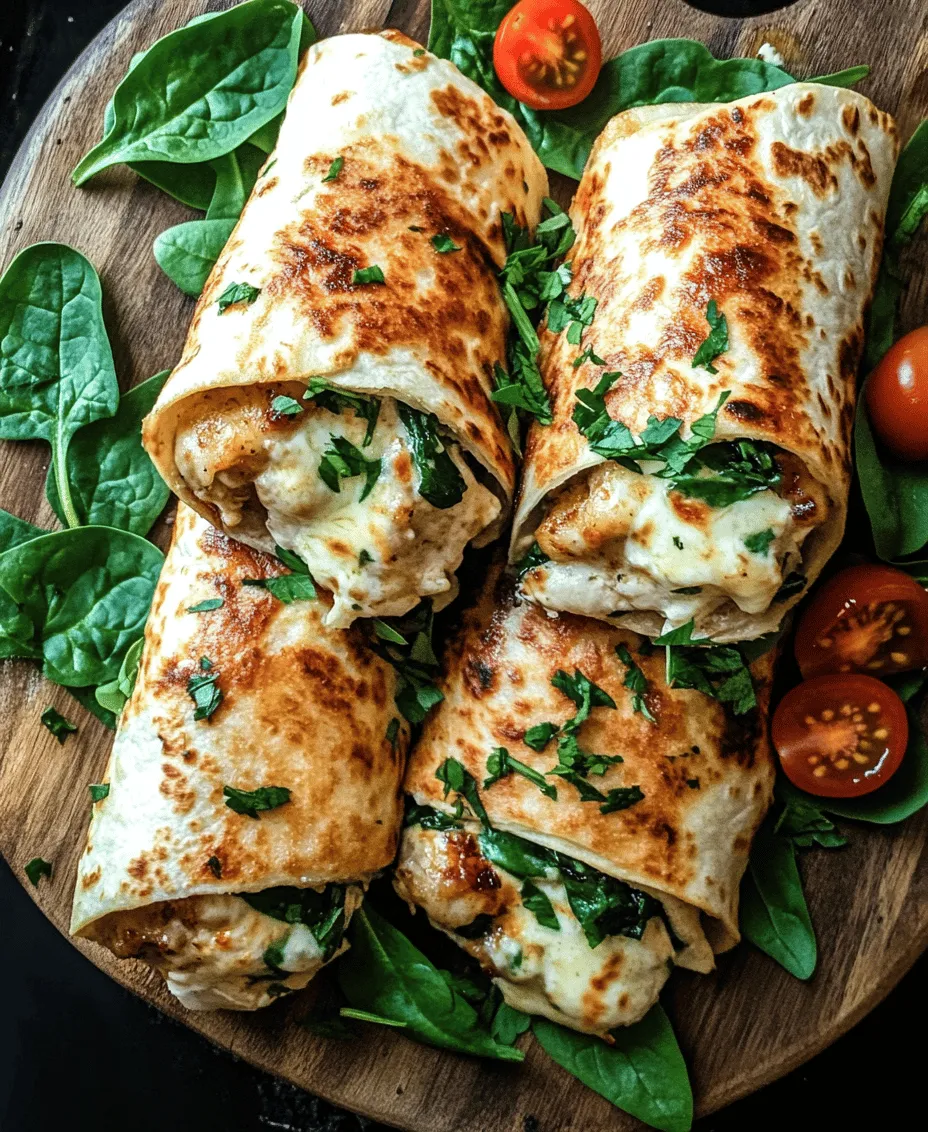 Wraps have become a staple in modern cuisine, celebrated for their convenience, versatility, and the ability to cater to a variety of tastes and dietary preferences. They are not just a quick solution for busy weekdays; wraps can be dressed up or down for any occasion, from casual family dinners to elegant gatherings. Among the myriad of wrap options, <strong>Cheesy Garlic Chicken Wraps</strong> stand out as a particularly comforting and satisfying choice. This recipe combines the savory goodness of chicken with the rich flavors of cheese and garlic, all wrapped in a soft tortilla, making it a perfect meal for any time of day.” /></p>
</p>
<h3>Tips on How to Properly Fill and Roll a Tortilla</h3>
</p>
<p>Filling and rolling a tortilla may seem simple, but mastering the technique can elevate your Cheesy Garlic Chicken Wraps to the next level. Here are some essential tips to ensure your wraps are not only delicious but also visually appealing and easy to eat:</p>
</p>
<p>1. <strong>Choose the Right Tortilla</strong>: Opt for a medium-sized tortilla (about 8-10 inches) to ensure enough space for filling while being manageable to roll. Flour tortillas typically lend themselves to easier rolling due to their flexibility.</p>
</p>
<p>2. <strong>Don’t Overfill</strong>: Aim for about 1/2 to 3/4 cup of filling per wrap. Overfilling can lead to spills and make rolling difficult. Leave about an inch of space around the edges of the tortilla.</p>
</p>
<p>3. <strong>Layer Strategically</strong>: Start with a base layer of cheese to help bind the ingredients, then add your chicken and any additional fillings on top. This will help keep everything in place when you roll.</p>
</p>
<p>4. <strong>Tuck and Roll</strong>: Begin by folding in the sides of the tortilla over the filling, then gently roll it away from you while tucking the filling as you go. This method ensures that nothing falls out and creates a tight wrap.</p>
</p>
<p>5. <strong>Seal the Deal</strong>: If needed, a touch of melted butter or oil on the edge of the tortilla can help seal it shut. This is especially useful if you plan to grill or bake the wraps afterward.</p>
</p>
<h3>Step 3: Cooking to Perfection</h3>
</p>
<p>Now that your wraps are filled and rolled, it’s time to cook them to perfection. You have the choice between two popular cooking methods: skillet frying and oven baking. Each method yields delicious results, but they offer different textures and flavors.</p>
</p>
<h4>Skillet vs. Oven Baking</h4>
</p>
<p>– <strong>Skillet Cooking</strong>: This method is quick and produces a crispy exterior. Heat a non-stick skillet over medium heat and add a small amount of oil or butter. Once hot, place the wraps seam side down in the skillet. Cook for about 2-3 minutes on each side, or until golden brown and crispy. This method allows for a lovely char and keeps the cheese melty.</p>
</p>
<p>– <strong>Oven Baking</strong>: For a healthier option, baking the wraps can yield equally satisfying results. Preheat your oven to 400°F (200°C) and place the wraps seam side down on a baking sheet lined with parchment paper. Bake for 15-20 minutes, flipping halfway through for even crispiness. The oven method is ideal if you are making multiple wraps at once and prefer a hands-off approach.</p>
</p>
<h4>Importance of Achieving a Golden Brown and Crispy Exterior</h4>
</p>
<p>Regardless of the method you choose, achieving a golden brown, crispy exterior is essential. This not only enhances the visual appeal of your Cheesy Garlic Chicken Wraps but also adds texture, making each bite satisfying. The crispy shell contrasts beautifully with the gooey cheese and tender chicken inside, creating a delightful eating experience.</p>
</p>
<h3>Serving Suggestions</h3>
</p>
<p>Your Cheesy Garlic Chicken Wraps can be enjoyed straight from the skillet or oven, but pairing them with complementary sides can elevate the meal further. Here are some serving suggestions:</p>
</p>
<p>– <strong>Side Salads</strong>: A refreshing side salad can balance the richness of the wraps. Consider a simple mixed greens salad with a light vinaigrette, or a more robust option like a Caesar salad that complements the flavors of garlic and cheese.</p>
</p>
<p>– <strong>Dips</strong>: Enhance your wraps with dips such as guacamole, salsa, or a creamy ranch dressing. These add flavor and moisture, making each bite even more enjoyable.</p>
</p>
<p>– <strong>Presentation Tips</strong>: For an appealing meal presentation, consider cutting the wraps in half diagonally and arranging them on a platter. Garnish with fresh herbs, such as cilantro or parsley, for a pop of color. Serve with small bowls of dipping sauces for an interactive dining experience.</p>
</p>
<p>– <strong>Beverage Pairings</strong>: As for beverages, a chilled iced tea or a light white wine can pair wonderfully with the wraps. For a non-alcoholic option, consider sparkling water with a squeeze of lime to refresh the palate.</p>
</p>
<h3>Nutritional Information</h3>
</p>
<p>Understanding the nutritional content of your Cheesy Garlic Chicken Wraps can help you enjoy them as part of a balanced diet. Here’s a breakdown of the nutritional information per wrap:</p>
</p>
<p>– <strong>Calories</strong>: Approximately 400-500 calories, depending on the specific ingredients and portion sizes used.</p>
<p>– <strong>Macronutrients</strong>: Each wrap typically contains:</p>
<p>– Protein: 25-30g from the chicken and cheese.</p>
<p>– Carbohydrates: 30-40g from the tortilla.</p>
<p>– Fats: 15-20g, primarily from the cheese and any added oils.</p>
</p>
<h4>Health Benefits Associated with the Ingredients</h4>
</p>
<p>The ingredients in your wraps offer various health benefits. Chicken is an excellent source of lean protein, which is essential for muscle repair and growth. Garlic, known for its immune-boosting properties, can also help reduce inflammation. The addition of vegetables, whether they be bell peppers, spinach, or onions, can elevate the nutritional profile, adding fiber, vitamins, and minerals.</p>
</p>
<h3>Variations and Customization</h3>
</p>
<p>One of the great things about Cheesy Garlic Chicken Wraps is their versatility. Here are some suggestions for customizing the recipe to suit different tastes or dietary preferences:</p>
</p>
<p>– <strong>Different Proteins</strong>: If chicken isn’t your preference, consider using turkey or beef for a heartier wrap. Alternatively, for a vegetarian option, black beans or roasted chickpeas can provide the necessary protein while adding a unique flavor.</p>
</p>
<p>– <strong>Incorporating Seasonal Vegetables</strong>: Take advantage of seasonal produce by adding vegetables like zucchini, asparagus, or corn when they are at their peak. This not only enhances the flavor but also makes the wraps more colorful and nutritious.</p>
</p>
<p>– <strong>Flavor Variations</strong>: Experiment with different flavor profiles by adding spices or sauces. For a spicy kick, incorporate jalapeños or a spicy sauce. For a tangy twist, consider adding a splash of lime juice or a drizzle of sriracha.</p>
</p>
<h3>The Joy of Sharing Cheesy Garlic Chicken Wraps</h3>
</p>
<p>Food has a unique way of bringing people together, and Cheesy Garlic Chicken Wraps are perfect for sharing with family and friends. Whether it’s a casual weeknight dinner or a gathering with loved ones, these wraps can be a hit.</p>
</p>
<p>I remember hosting a small get-together where I prepared a platter of these wraps. As everyone gathered around the table, the aroma of garlic and melted cheese filled the air, sparking conversations and laughter. Watching friends enjoy the food I prepared was incredibly rewarding, and it reminded me of the joy of cooking.</p>
</p>
<p>Wraps are particularly great for meal prepping; you can make a batch ahead of time and have them ready for busy weeknights. They are also easy to customize, allowing each person to have their favorite fillings and flavors.</p>
</p>
<h3>Conclusion</h3>
</p>
<p>Cheesy Garlic Chicken Wraps are more than just a meal; they are a delightful experience that can be enjoyed in various settings. With their rich flavors and satisfying textures, they stand out as a quick yet delicious option for busy weeknights or relaxed gatherings.</p>
</p>
<p>By trying this recipe, you’ll not only create a delicious meal but also embrace the joy of cooking and sharing food with your loved ones. So, gather your ingredients, follow the steps, and enjoy the wonderful flavors of your homemade Cheesy Garlic Chicken Wraps.</p>
<div id=