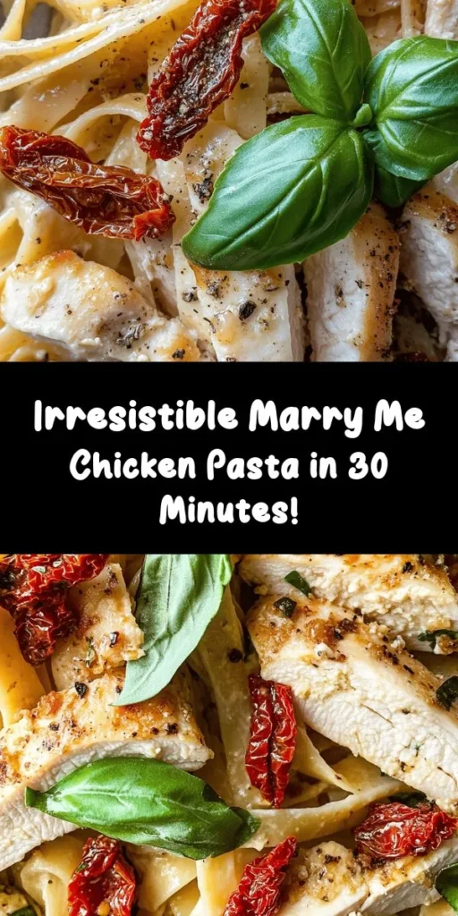 Indulge in a romantic dinner with this Marry Me Chicken Pasta that's sure to impress! This creamy dish features tender chicken breasts seared to perfection, simmered in a rich sauce of sun-dried tomatoes, garlic, and Parmesan cheese, all tossed with fettuccine for a delightful finish. Perfect for date night or a cozy family meal, it's easy to make in just 30 minutes. Garnish with fresh basil for an extra touch of flavor. Try it tonight!