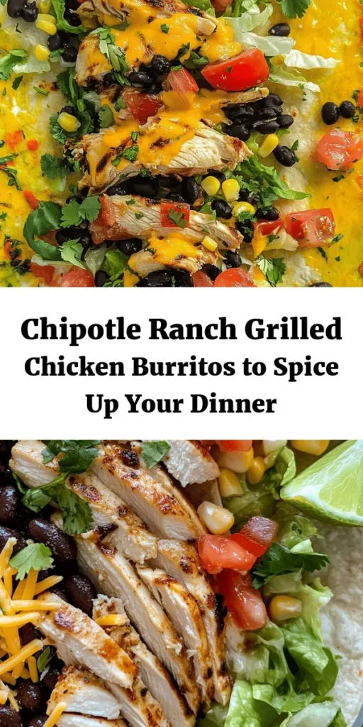 Indulge in the ultimate comfort food with these Easy Chipotle Ranch Grilled Chicken Burritos! Marinated in a zesty chipotle ranch dressing, tender grilled chicken pairs perfectly with rice, black beans, corn, and fresh veggies, all wrapped in a warm tortilla. This recipe is simple to follow and perfect for a quick weeknight dinner or meal prep. Add a splash of lime juice for extra flavor. Gather your ingredients and get ready to enjoy a delicious burrito feast!