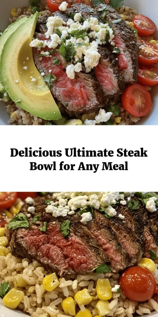 Elevate your meal game with this Ultimate Steak Bowl! Perfect for any occasion, this recipe features juicy ribeye steak paired with a flavorful base of brown rice or quinoa, topped with fresh cherry tomatoes, corn, black beans, creamy avocado, and feta cheese. Drizzle with lime juice for a zesty kick and add hot sauce for an extra touch. It's a delicious, protein-packed bowl that's easy to prepare and share with family and friends. Enjoy this vibrant dish for dinner or meal prep!
