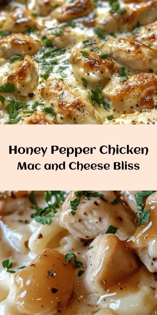 Indulge in this creamy Honey Pepper Chicken Mac and Cheese Delight! In just 40 minutes, you can whip up a comforting dish featuring tender elbow macaroni, succulent diced chicken, and a luscious blend of cheddar and mozzarella cheeses. Enhanced with the sweetness of honey and a kick of black pepper, it’s a flavor combo everyone will love. Serve baked for a golden top or straight from the pot for maximum creaminess. Top with parsley and enjoy!