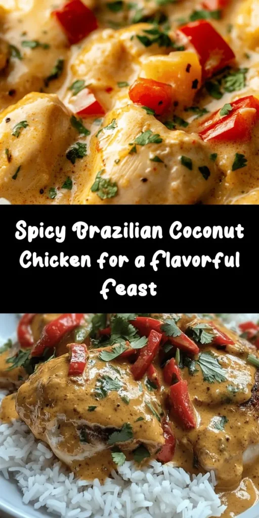 Spice up your dinner with this flavorful Spicy Brazilian Coconut Chicken! This dish features tender marinated chicken thighs simmered in rich coconut milk with aromatic onions, garlic, and vibrant bell peppers. Perfectly seasoned with smoked paprika, cumin, and fresh chilies, it's a delightful blend of heat and creaminess. Serve it over fluffy white rice and top with fresh cilantro for a delicious meal. It's easy to make and will impress your family and friends!