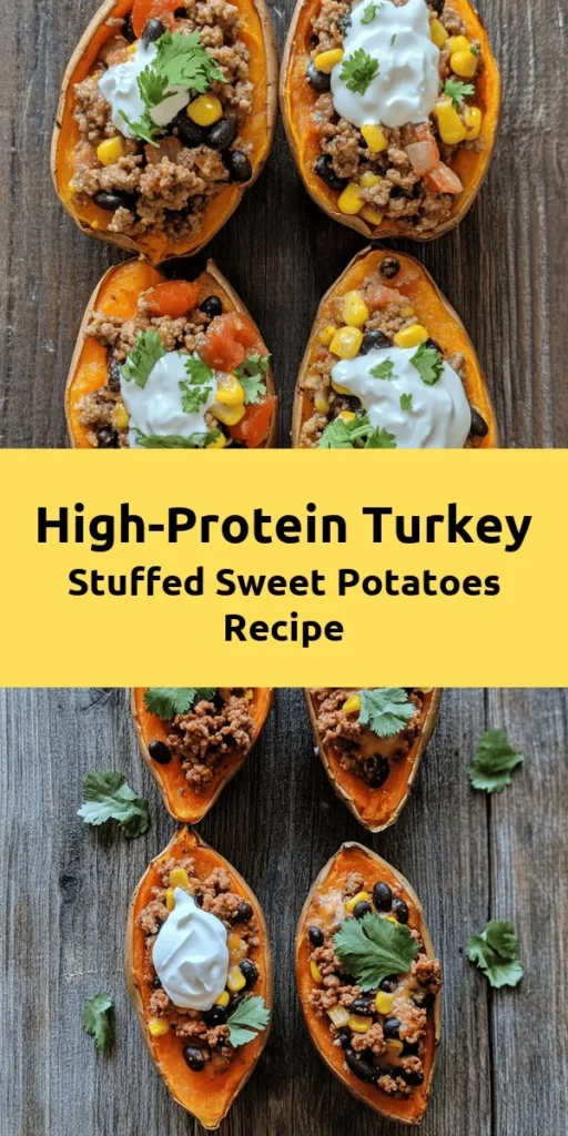 Looking for a nutritious and delicious meal? Try these High Protein Ground Turkey Stuffed Sweet Potatoes! They're packed with flavor and healthy ingredients like ground turkey, black beans, and sweet potatoes. Perfect for a quick weeknight dinner or meal prep, this recipe takes about 1 hour and 15 minutes and serves 4. Top them with cheese, fresh cilantro, and a dollop of Greek yogurt for an added touch. Get cooking and enjoy a hearty, protein-rich meal!