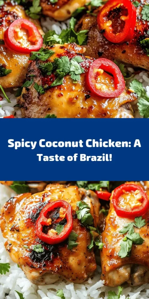 Elevate your dinner with this Spicy Brazilian Coconut Chicken! Juicy chicken thighs marinated in zesty lime and red curry paste create a flavor-packed dish. Finished with creamy coconut milk and a hint of spice from fresh chilies, this recipe is perfect over a bed of rice. It’s simple, delicious, and sure to impress your family and friends. Don't forget to top it with fresh cilantro for an extra burst of flavor! Give it a try for your next meal!