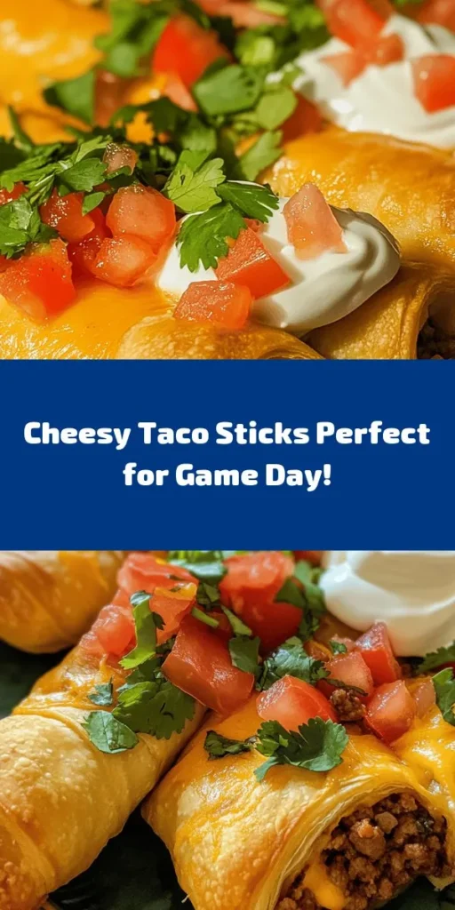 Treat your taste buds to these delicious Cheesy Taco Sticks! Perfect for parties or a fun family dinner, this easy recipe combines creamy cheese, seasoned beef, and zesty salsa, all wrapped in flaky crescent dough. Simply bake until golden brown and serve with fresh toppings like lettuce, tomatoes, and sour cream for an extra burst of flavor. In just 30 minutes, you'll have a cheesy, satisfying snack that's sure to impress. Enjoy!