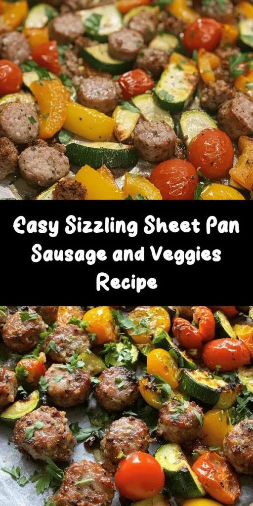 Elevate your weeknight dinner with this Sizzling Sheet Pan Sausage and Veggies! This one-pan meal features juicy Italian sausages paired with a colorful medley of bell peppers, zucchini, red onion, and cherry tomatoes, all perfectly roasted to bring out their flavors. Seasoned with garlic, smoked paprika, and oregano, it’s a delicious and hassle-free option that’s ready in just 40 minutes. Serve it up with crusty bread for a complete feast!
