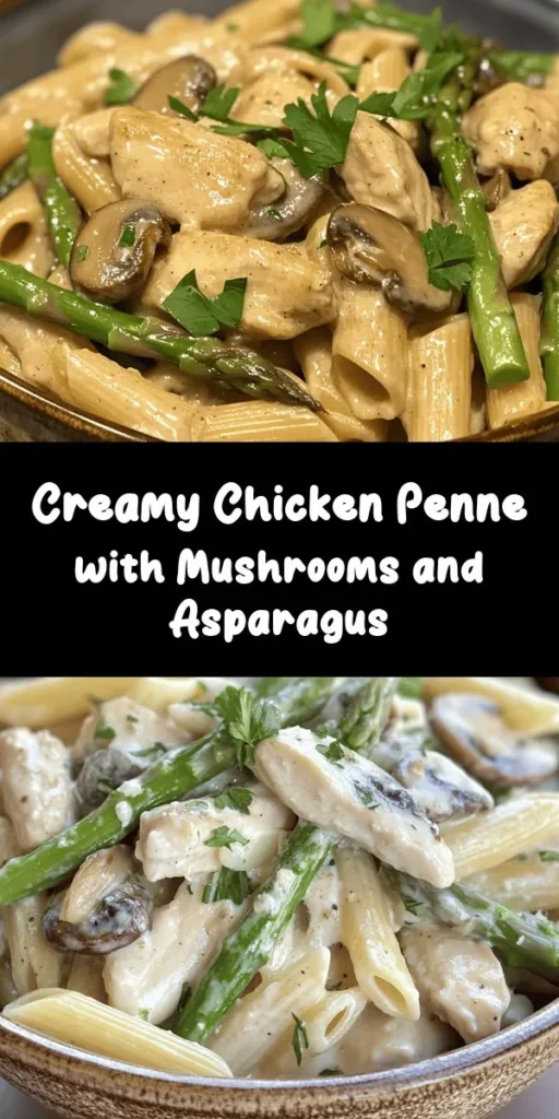 Elevate your dinner game with this creamy mushroom and asparagus chicken penne! In just 30 minutes, you’ll have a delicious meal featuring tender chicken, fresh asparagus, and earthy mushrooms, all enveloped in a rich Parmesan cream sauce. This comforting dish is perfect for busy weeknights and is sure to please the whole family. Plus, it's a one-pan wonder for easy cleanup! Garnish with fresh parsley and enjoy a taste of gourmet at home.