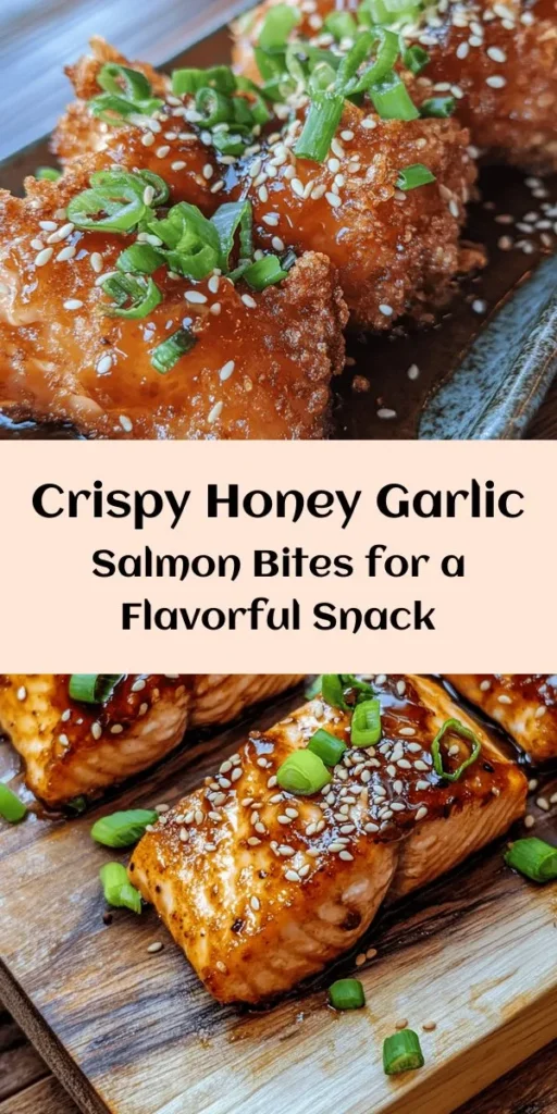 Indulge in these Crispy Honey Garlic Salmon Bites that are a perfect blend of sweetness and flavor! Simple to make, these bite-sized delights start with a light coating of seasoned flour and cornstarch, then crisped to golden perfection. Glazed with a mouthwatering honey garlic sauce, they're a delicious appetizer or a fabulous meal over rice. Garnish with green onions and sesame seeds for that final touch. Ready in just 25 minutes, this recipe serves four and is sure to impress!