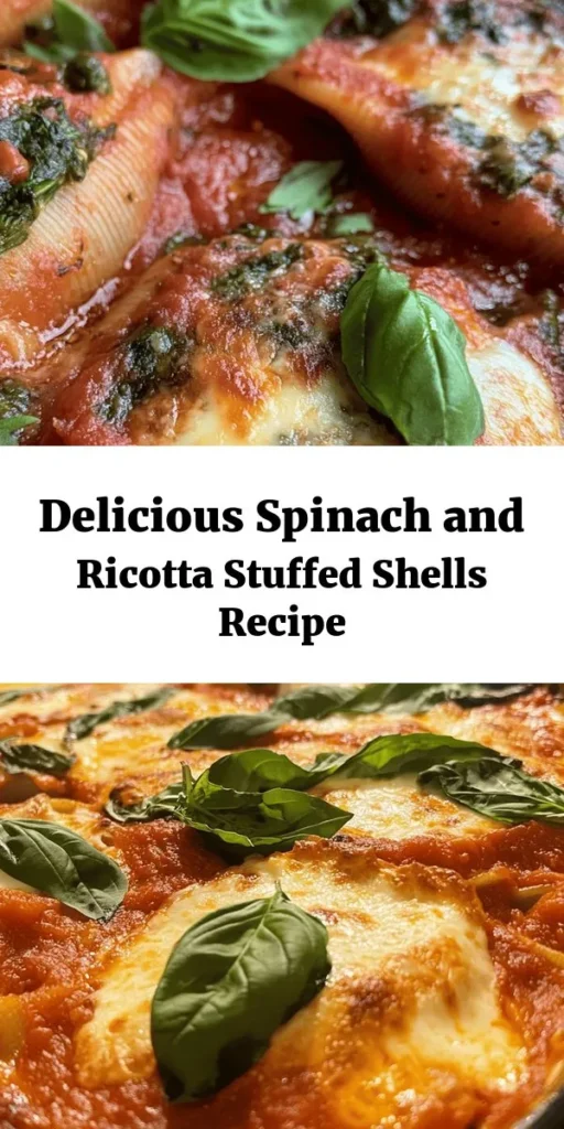 Discover the ultimate comfort food with these Easy Spinach and Ricotta Stuffed Shells! Perfectly cooked jumbo shells are filled with a creamy mixture of ricotta, fresh spinach, and savory spices, then smothered in marinara sauce and melted mozzarella. This dish is simple to prepare and makes a wholesome dinner for family or friends. Ready in just under an hour, it's sure to impress and delight! Don't forget to garnish with fresh basil for that extra touch!