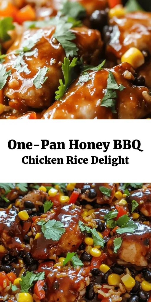 Discover the deliciousness of One-Pan Honey BBQ Chicken Rice! This easy recipe combines tender chicken thighs with flavorful spices, honey, and BBQ sauce, all cooked with rice, corn, black beans, and bell peppers in one pan. Perfect for a weeknight dinner, you'll have a hearty meal ready in just 40 minutes. Garnish with fresh cilantro for a pop of color and freshness. Your family will love this sweet and savory dish!
