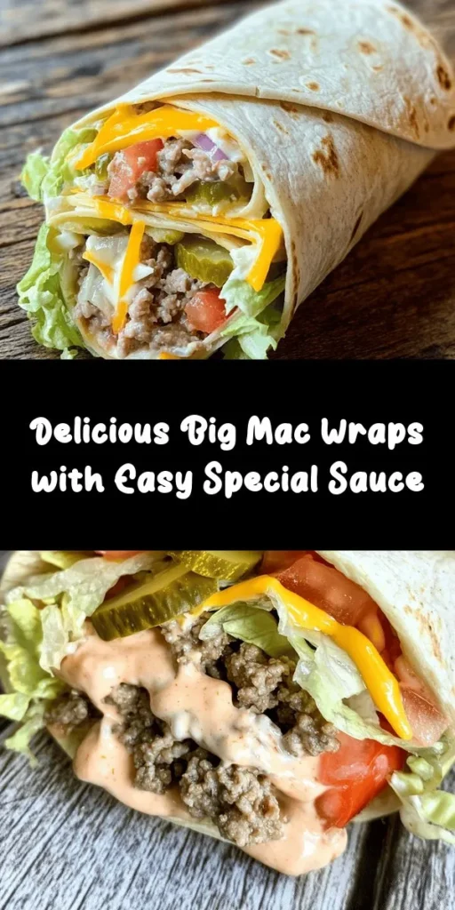 Get ready to enjoy a tasty twist on a classic with these Big Mac Wraps! Made with seasoned ground beef and a creamy special sauce, these wraps are packed with all your favorite toppings: fresh lettuce, tomatoes, pickles, cheese, and onions, all wrapped up in a warm flour tortilla. Perfect for a quick lunch or a fun dinner, these wraps are ready in just 30 minutes. Don’t forget to toast them for an extra crunch!
