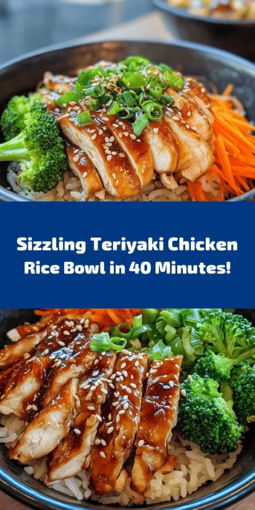 Savor the flavors of this Sizzling Teriyaki Chicken Rice Bowl! Perfect for a quick weeknight meal, this dish features juicy chicken breasts glazed in a sweet and savory teriyaki sauce, served over fluffy jasmine rice. With fresh broccoli and carrots for a nutritious boost, it’s a complete and delicious meal under 40 minutes. Garnish with green onions and sesame seeds for that extra touch. Simple, satisfying, and absolutely delicious!