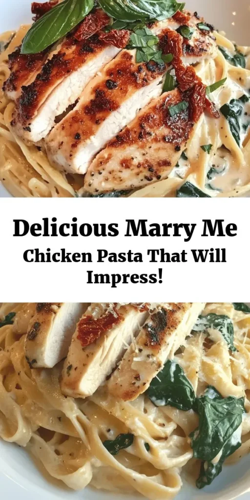 Elevate your dinner with this Marry Me Chicken Pasta Recipe! Perfectly seared chicken breast meets a creamy, savory sauce infused with garlic, sun-dried tomatoes, and fresh spinach, all tossed with al dente pasta. This easy dish, ready in just 30 minutes, is sure to impress your loved ones and make any meal feel special. Finish with a sprinkle of Parmesan and fresh basil for a delightful touch. Don't be surprised if it leads to a proposal!