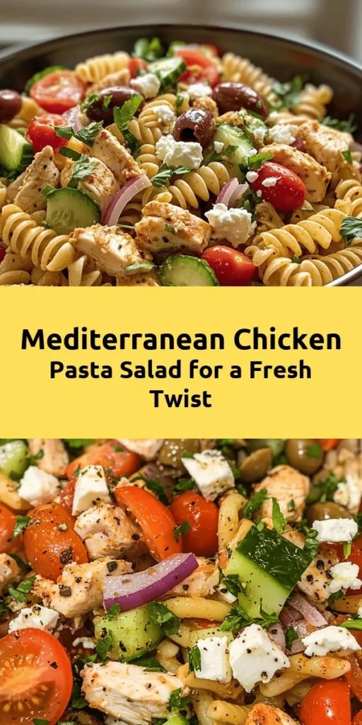 Elevate your meal prep with this vibrant Mediterranean Chicken Pasta Salad! Featuring tender rotini pasta, juicy chicken, and a medley of fresh veggies like cherry tomatoes and cucumber, it’s perfect for a light lunch or dinner. Tossed in a zesty olive oil and red wine vinegar dressing, this salad is packed with flavor and topped with feta cheese and Kalamata olives. Chill for 30 minutes and enjoy a deliciously refreshing meal that serves 4-6!