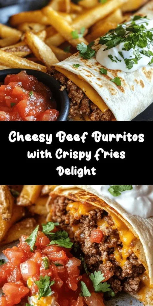 Indulge in these mouthwatering cheesy beef burritos paired with crispy fries! Perfect for a cozy dinner, this recipe combines seasoned ground beef, cheddar cheese, and zesty salsa wrapped in warm tortillas. Bake the fries to golden perfection for a crunchy side. Whether it's a weeknight meal or a game day treat, this dish will surely satisfy your appetite. Ready in just 50 minutes, get ready to enjoy a deliciously filling feast!