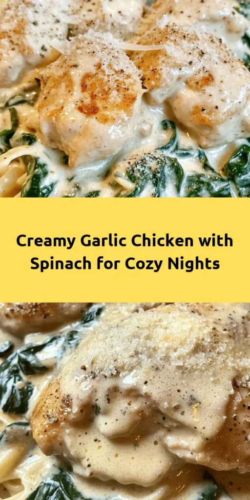 Indulge in a weeknight favorite with this creamy garlic chicken and spinach dish! It's quick and easy to prepare, taking only 30 minutes. Sauté juicy chicken breasts, then bring together a luscious garlic cream sauce with fresh spinach and Parmesan cheese. Serve it over pasta or rice for a satisfying meal that’s packed with flavor. Perfect for busy evenings when you crave comfort food that doesn’t compromise on taste! #DinnerIdeas #ComfortFood #EasyCooking