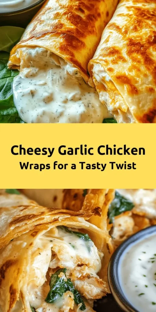 Dive into cheesy goodness with these Cheesy Garlic Chicken Wraps! Packed with shredded chicken, mozzarella, and a hint of garlic, these wraps are a simple yet satisfying meal. Warm flour tortillas envelop a creamy filling, and they're crispy on the outside for the perfect bite. Customize with fresh spinach and dip in ranch dressing for extra flavor. Perfect for lunch or dinner, this recipe is ready in just 30 minutes. Enjoy a delicious, cheesy treat tonight!