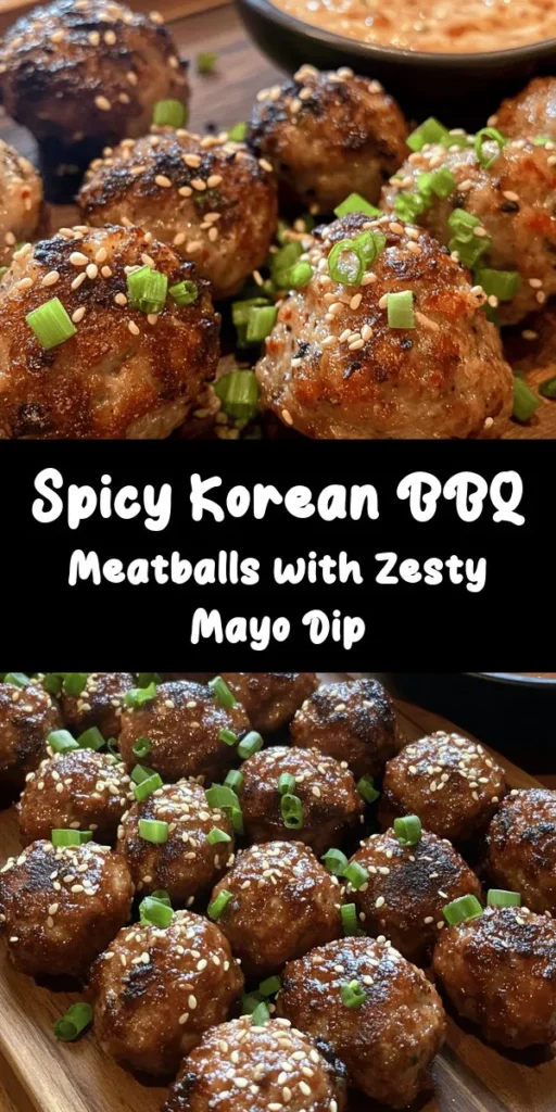 Elevate your dinner game with these mouthwatering Korean BBQ Meatballs! Made from a flavorful blend of ground beef, green onions, and savory spices, these little bites are baked to perfection. Serve them with a creamy spicy mayo dip that adds just the right kick. Perfect for a weeknight meal or a fun appetizer at your next gathering. Quick to prepare and utterly delicious, this dish is sure to impress family and friends!