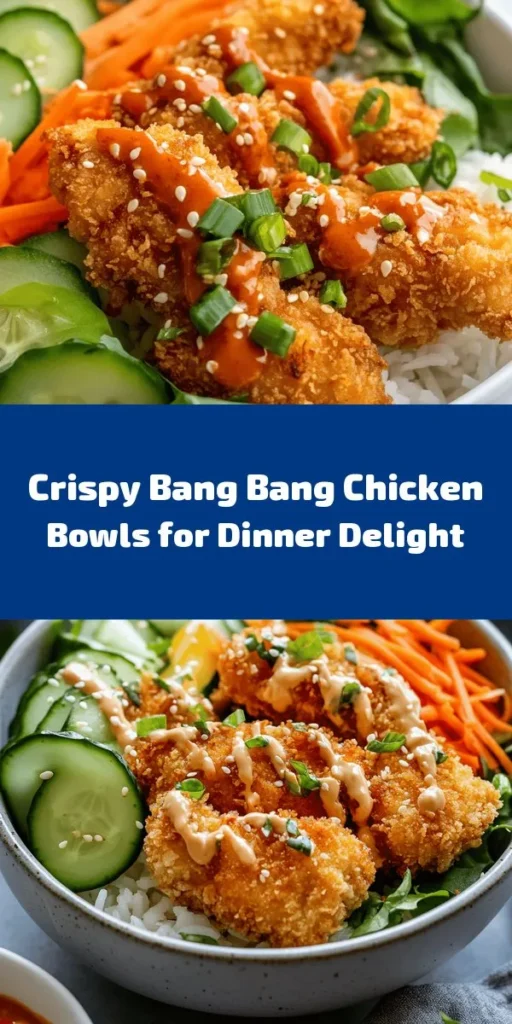 Create a delicious meal that’s sure to impress with these Bang Bang Chicken Bowls! Featuring crispy fried chicken thighs coated in a flavorful panko breadcrumb mix, this recipe is topped with a creamy, spicy Bang Bang sauce. Served over a bed of rice with fresh mixed greens, crunchy cucumbers, and carrots, it’s a perfect balance of textures and flavors. Quick to prepare and oh-so-satisfying, this bowl is ideal for a family dinner or meal prep. Dive into this tasty twist on a classic dish!