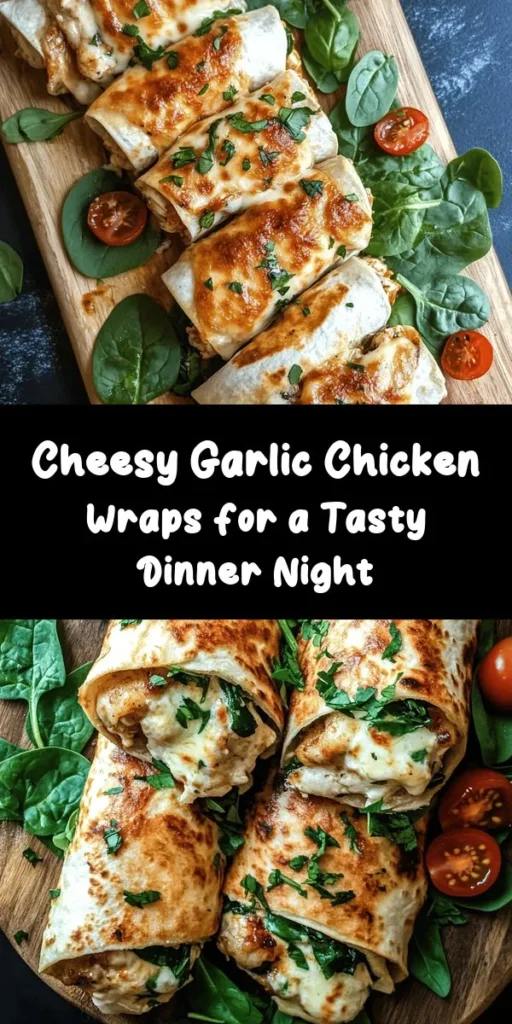 Indulge in these Cheesy Garlic Chicken Wraps for an easy and delicious meal! Loaded with tender shredded chicken, creamy cheese, and garlic goodness, these wraps are perfect for lunch or dinner. Fresh spinach and cherry tomatoes add a burst of flavor, making every bite irresistible. With just 25 minutes of prep and cooking time, you can enjoy a homemade delight that's crispy on the outside and cheesy on the inside. Ideal for a quick fix or meal prep!