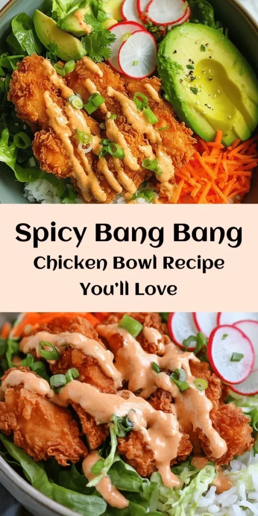 Treat yourself to a delicious Bang Bang Chicken Bowl that's perfect for any meal! This recipe features tender, crispy chicken thighs marinated in buttermilk and coated with flavorful spices. Layer it on a bed of jasmine or brown rice, fresh mixed greens, and top it with avocado, carrots, and radishes. Finish it off with a zesty Bang Bang sauce for a kick of flavor. Easy to make and irresistibly tasty, this bowl will be a hit at your table!
