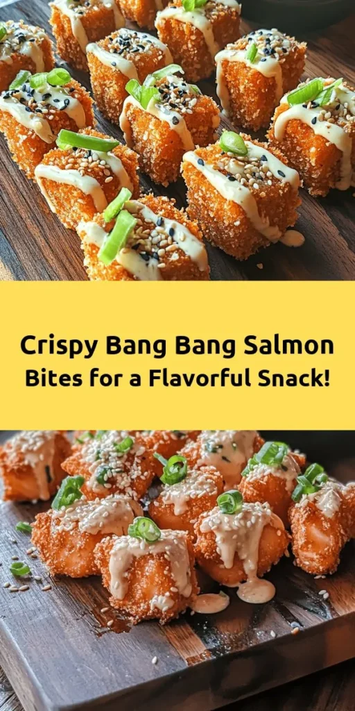Indulge in these Crispy Bang Bang Salmon Bites, a perfect blend of sweet, spicy, and savory! Made with fresh salmon, these bite-sized treats are coated in a crunchy panko crust and fried to perfection. Served with a mouthwatering homemade Bang Bang sauce, these bites are ideal for a quick appetizer or a delightful main dish. Ready in just 30 minutes, they're sure to become a favorite at your dinner table! Garnish with green onions and sesame seeds for an extra pop.