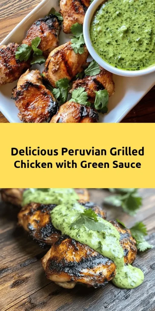 Experience the vibrant flavors of Peru with this mouthwatering Peruvian Grilled Chicken recipe! Marinated in a zesty blend of spices and lime juice, the juicy chicken thighs are grilled to perfection. Pair it with a creamy green sauce made from fresh cilantro, Greek yogurt, and jalapeño for an extra kick. Perfect for summer cookouts or weeknight dinners, this dish is sure to impress. Try it today and elevate your grilling game!