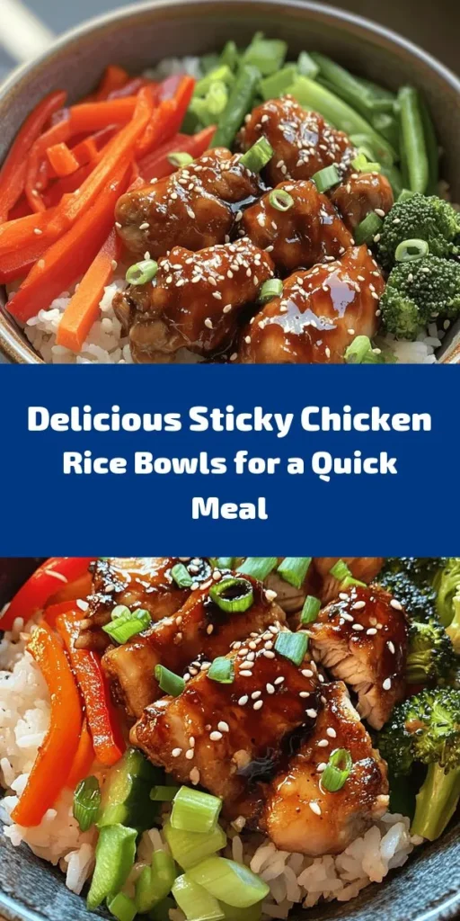 Indulge in these delicious Sticky Chicken Rice Bowls that are perfect for a quick weeknight dinner! Packed with flavorful marinated chicken, vibrant veggies, and fluffy jasmine rice, this recipe is as easy to make as it is satisfying. Simply marinate the chicken, sauté with fresh vegetables, and serve in bowls topped with green onions and sesame seeds. With a total time of just 40 minutes, it’s a delightful meal for the whole family!