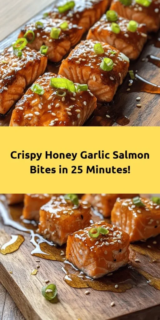 Indulge in these crispy honey garlic salmon bites that are perfect for a quick dinner or an impressive appetizer. Marinated in a delicious blend of honey, soy sauce, garlic, and ginger, each bite is bursting with flavor. With just 10 minutes of prep and 25 minutes total time, you can have a delightful dish ready to enjoy. Garnished with green onions and sesame seeds, these bites not only taste amazing but look fantastic too! Try this easy recipe today!
