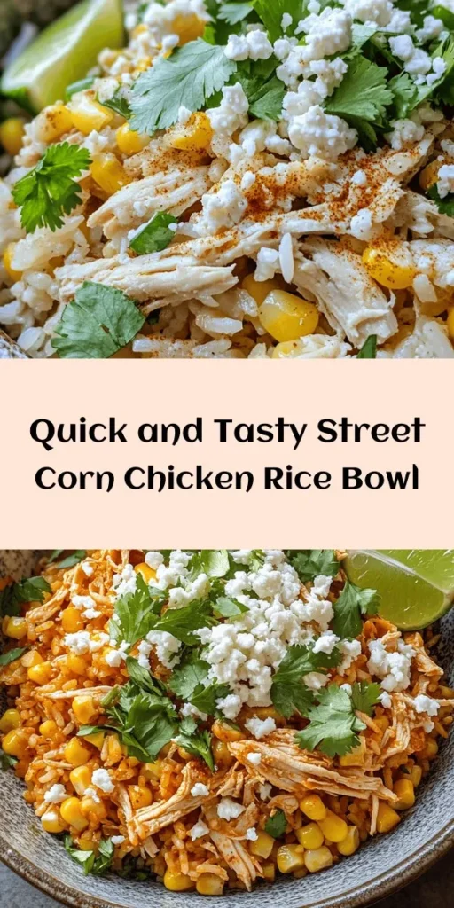 Try this delicious Easy Street Corn Chicken Rice Bowl for a quick and flavorful meal! Packed with rice, tender chicken, and sweet corn, this dish is seasoned to perfection with chili powder, garlic, and fresh lime juice. Garnish with crumbled cotija or feta cheese and fresh herbs for an extra zing. Ready in just 10 minutes, it's perfect for busy nights or a satisfying lunch. Enjoy the vibrant flavors that come together in this simple, hearty bowl!