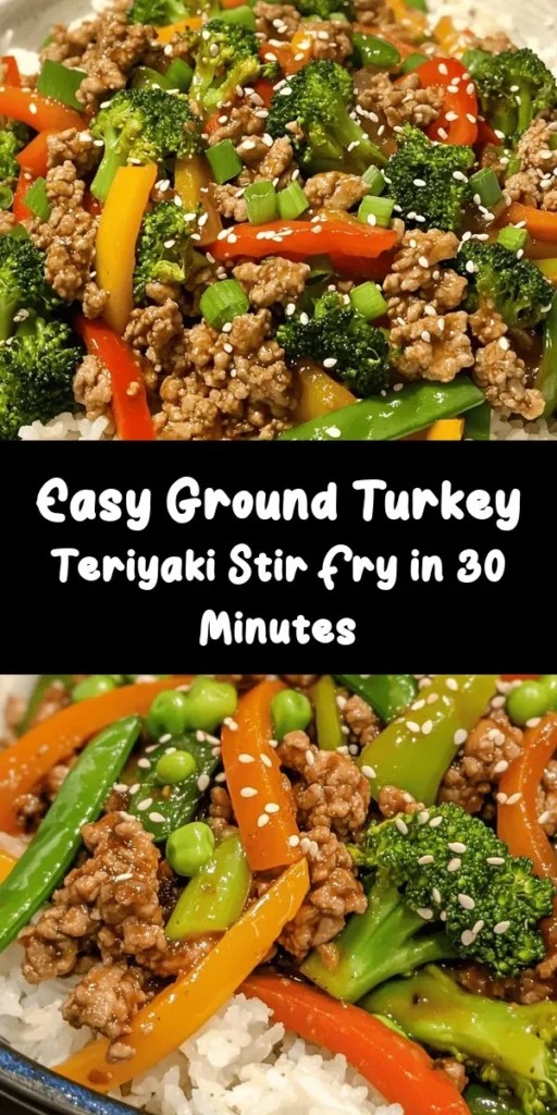 Whip up a delicious and healthy Ground Turkey Teriyaki Stir Fry in just 30 minutes! This vibrant dish features lean ground turkey sautéed with colorful veggies like bell peppers, broccoli, and snap peas, all drizzled with a flavorful teriyaki sauce. Perfect served over rice or noodles, it's a quick weeknight dinner that the whole family will love. Don't forget to garnish with sesame seeds and green onions for an extra touch!