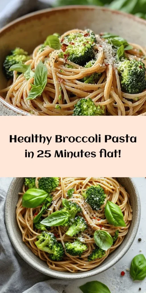 Looking for a quick and delicious meal? Try this Easy Healthy Broccoli Pasta! In just 25 minutes, you can enjoy a nutritious dish featuring whole wheat pasta and fresh broccoli, sautéed with garlic and a hint of spice for extra flavor. With a refreshing lemon zing and a sprinkle of Parmesan cheese (or nutritional yeast for a vegan option), it's perfect for a busy weeknight. Serve it garnished with fresh basil for an extra touch. Enjoy a wholesome meal in no time!