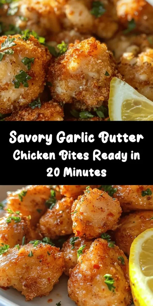 Indulge in these Garlic Butter Chicken Bites, the perfect blend of savory and zesty flavors! Tender chicken breast pieces are seasoned and cooked in rich garlic butter, finished with a splash of fresh lemon juice. This quick recipe takes just 20 minutes and is ideal for a delicious appetizer or served over rice or pasta for a main meal. Garnish with fresh parsley for a vibrant touch. Simple, tasty, and sure to impress!