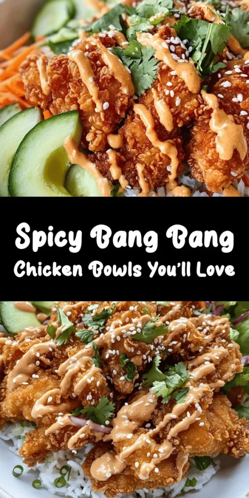 Indulge in these Bang Bang Chicken Bowls that are bursting with flavor! Marinate tender chicken thighs in buttermilk, coat them in a crispy blend of flour and spices, then fry to golden perfection. Serve over fluffy jasmine rice and top with fresh veggies, creamy avocado, and a zesty homemade Bang Bang sauce. Garnished with cilantro and sesame seeds, these bowls are a delicious and satisfying meal for any night of the week. Perfect for sharing or meal prep!