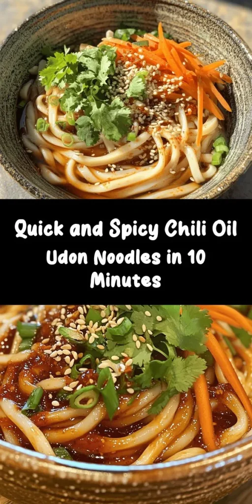 Whip up a quick and delicious meal with these 10-Minute Chili Oil Udon Noodles! This easy recipe features chewy udon noodles tossed in a spicy chili oil sauce with garlic, ginger, and colorful veggies like carrots and green onions. Finished with a sprinkle of toasted sesame seeds and fresh cilantro, it's a flavorful dish ready in no time. Perfect for a busy weeknight or a cozy lunch. Try it today and spice up your noodle game!