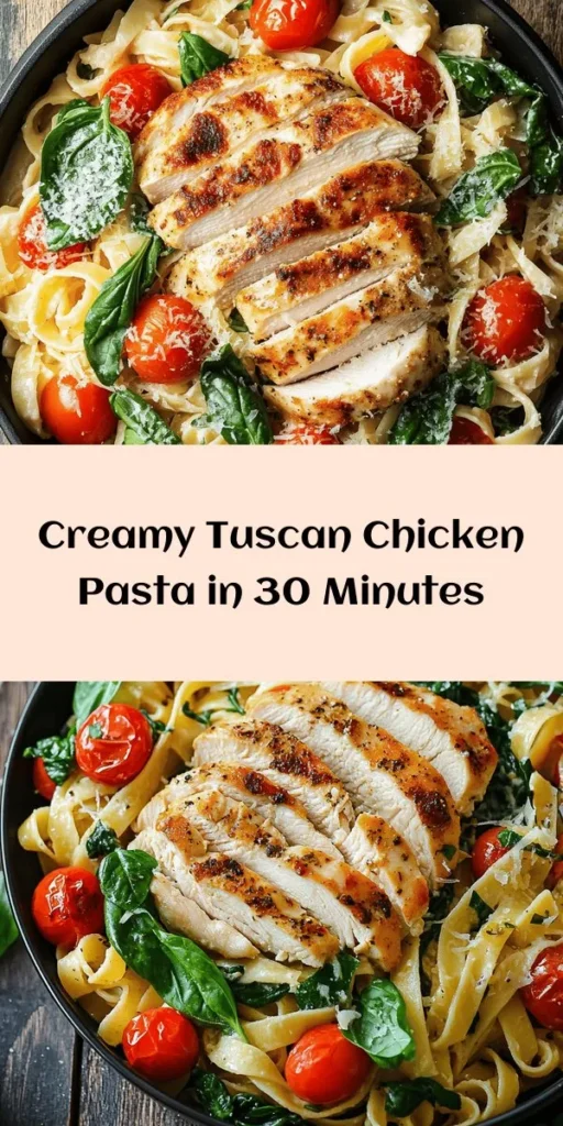 Dive into the delicious flavors of Tuscan Chicken Pasta! This creamy, savory dish combines tender chicken, fresh spinach, and cherry tomatoes, all tossed with fettuccine in a rich Parmesan sauce. Ready in just 30 minutes, it's perfect for a quick weeknight dinner. Garnish with fresh basil for an extra touch of flavor. Easy to make and full of Italian flair, this recipe will become a family favorite. Enjoy a taste of Tuscany at home!