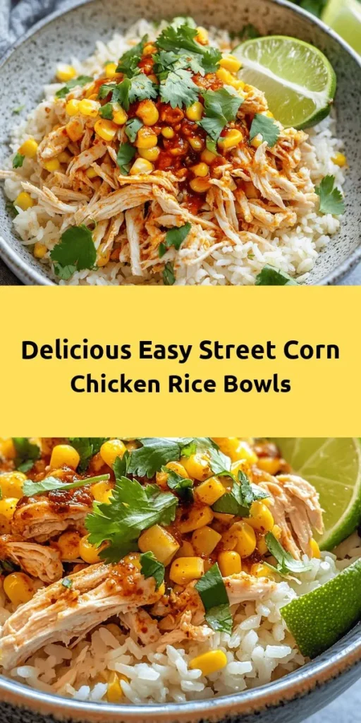 Looking for a quick and delicious meal? Try this Easy Street Corn Chicken Rice Bowl! Ready in just 30 minutes, this hearty dish features fluffy jasmine rice topped with savory rotisserie chicken, sweet corn, and zesty spices. A splash of lime juice adds a refreshing kick, while fresh cilantro garnishes each bowl beautifully. Perfect for dinner or meal prep, this recipe serves four and is sure to satisfy your cravings. Enjoy the flavors of street corn in every bite!