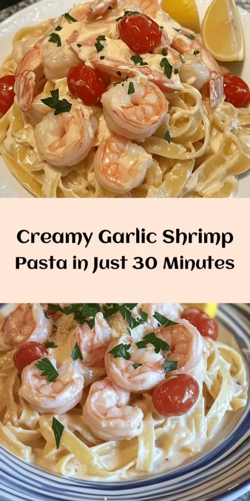 Indulge in a delightful bowl of creamy garlic shrimp pasta that combines the richness of heavy cream and Parmesan with the freshness of cherry tomatoes. This quick and easy recipe, ready in just 30 minutes, features large, succulent shrimp sautéed with garlic and served over perfectly cooked fettuccine or linguine. Garnish with fresh parsley and a squeeze of lemon for a burst of flavor. Perfect for weeknight dinners or impressing guests!