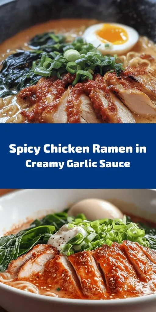 Spice up your dinner with this mouthwatering Fiery Chicken Ramen with Creamy Garlic Sauce! This delicious recipe features tender chicken thighs marinated in chili paste and soy sauce, simmered in a rich chicken broth infused with garlic and miso. Top it off with creamy garlic sauce, fresh spinach, and green onions for a burst of flavor. Perfect for a cozy night in or impressing guests, this ramen is sure to satisfy your cravings!