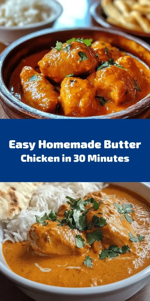 Indulge in the rich and creamy flavors of homemade butter chicken, ready in just 30 minutes! This easy recipe features tender chicken thighs simmered in a luscious sauce of butter, spices, and heavy cream. Perfectly spiced to your taste, it pairs wonderfully with basmati rice or warm naan. Garnish with fresh coriander for a burst of color and flavor. Quick to make, this dish is sure to delight your family and friends!