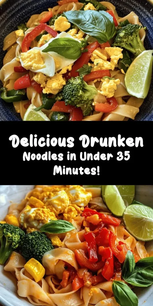 Dive into a delicious bowl of Drunken Noodles Delight! This easy recipe combines wide rice noodles, tender chicken or tofu, and vibrant veggies like broccoli and red bell pepper. Tossed in a flavorful mix of soy and oyster sauces with a hint of chili, it's a satisfying dish you'll love. Ready in just 35 minutes, this stir-fry is perfect for a weeknight dinner. Don’t forget the fresh basil and lime for a burst of flavor! Enjoy!