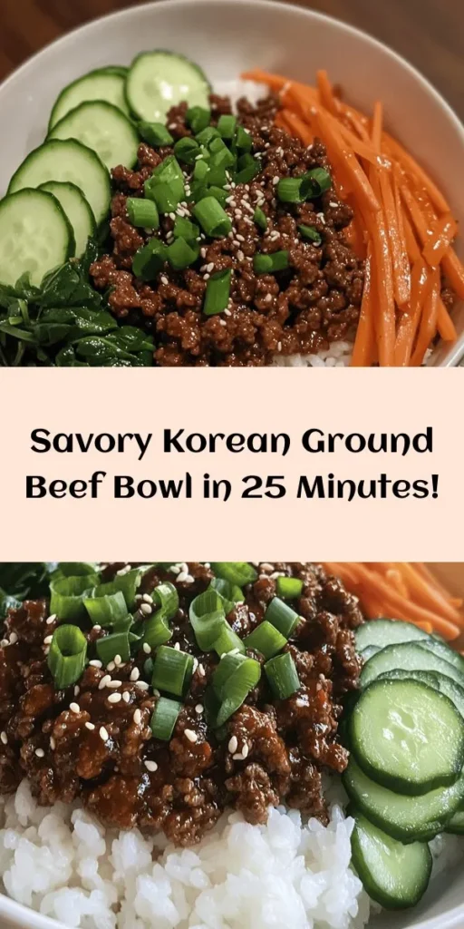 Satisfy your cravings with this delicious Korean Ground Beef Bowl! In just 25 minutes, you can whip up a flavorful dish featuring seasoned ground beef, fresh vegetables, and fluffy jasmine rice. The rich combination of soy sauce, ginger, and gochujang gives it a delightful kick, while spinach and carrots add freshness. Perfect for a quick dinner, each bowl can be customized with your favorite garnishes. Enjoy a taste of Korea right at home!