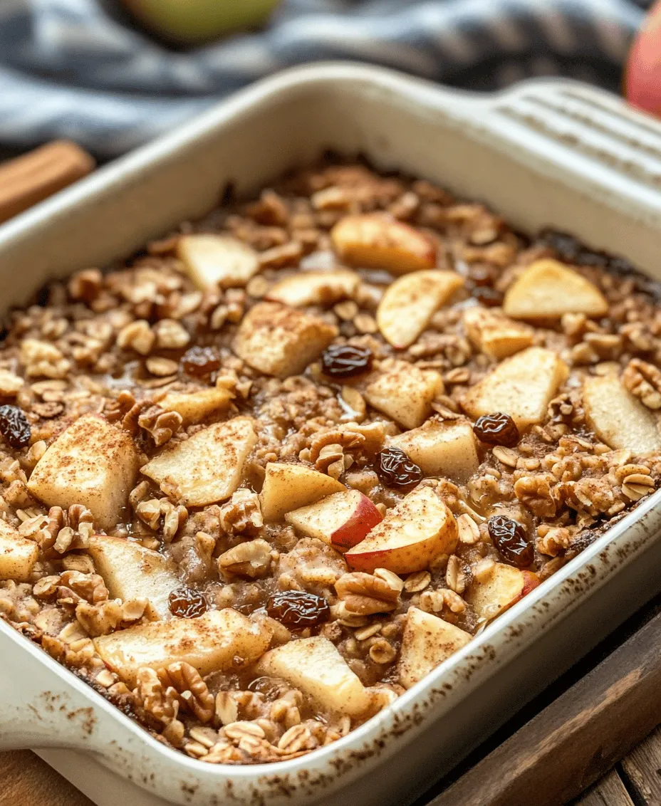 When it comes to breakfast, it’s often said that it’s the most important meal of the day. A nutritious breakfast not only kick-starts your metabolism but also provides the fuel your body needs to tackle the day ahead. Among the myriad of breakfast options out there, the <strong>Irresistible Healthy Apple Oatmeal Breakfast Bake</strong> stands out as a delicious and wholesome choice that caters to health-conscious individuals and families alike.” /></p>
</p>
<h3>Suggestions for Optional Ingredients and Their Impact on Flavor and Nutrition</h3>
</p>
<p>When it comes to making the Irresistible Healthy Apple Oatmeal Breakfast Bake, the beauty lies in its versatility. While the basic recipe provides a solid foundation of flavor and nutrition, you can elevate it even further by incorporating optional ingredients. Here are some suggestions:</p>
</p>
<p>1. <strong>Nuts and Seeds</strong>: Adding nuts such as walnuts, pecans, or almonds not only enhances the crunch but also increases the healthy fat and protein content. Seeds like chia or flaxseed can offer additional fiber and omega-3 fatty acids, contributing to heart health.</p>
</p>
<p>2. <strong>Dried Fruits</strong>: Consider incorporating dried cranberries, raisins, or apricots for a sweet, chewy texture. These fruits can add natural sweetness and a vibrant flavor profile while boosting the antioxidant content of your bake.</p>
</p>
<p>3. <strong>Spices</strong>: Beyond the classic cinnamon, feel free to experiment with nutmeg, ginger, or allspice. These spices can intensify the warmth and aroma of the dish, making it even more comforting, especially during the colder months.</p>
</p>
<p>4. <strong>Plant-Based Milk</strong>: If you want to enhance the creaminess, substitute regular milk with almond, oat, or coconut milk. Each type of plant-based milk introduces unique flavors and can cater to lactose-intolerant individuals.</p>
</p>
<p>5. <strong>Sweeteners</strong>: While the recipe may call for maple syrup or honey, you can also use agave nectar or coconut sugar. These alternatives vary in sweetness and glycemic index, allowing you to tailor the recipe to your dietary needs.</p>
</p>
<h3>Explanation of the Baking Process and How to Check for Doneness</h3>
</p>
<p>Baking the apple oatmeal mixture is straightforward, but monitoring the process is crucial to achieve the perfect texture. After assembling your ingredients in a prepared baking dish, preheat your oven to 350°F (175°C). Pour the mixture evenly into the dish, ensuring that the apples are distributed throughout.</p>
</p>
<p>Baking typically takes about 30-40 minutes. To check for doneness, insert a toothpick or a knife into the center of the bake. If it comes out clean or with only a few moist crumbs, your breakfast bake is ready. If it appears wet or sticky, give it an additional 5-10 minutes in the oven. The top should be golden brown, and the edges might slightly pull away from the dish, indicating that the oats have set properly.</p>
</p>
<h3>Health Benefits of the Recipe</h3>
</p>
<p>This Irresistible Healthy Apple Oatmeal Breakfast Bake is not just a delicious way to start your day; it’s packed with health benefits that make it a stellar choice for breakfast.</p>
</p>
<p>1. <strong>Nutritional Analysis</strong>: A serving of this breakfast bake typically contains around 200-250 calories, depending on the specific ingredients used. It offers a good balance of macronutrients, including approximately 6-8 grams of protein and 4-5 grams of fiber, making it a filling and sustaining breakfast option.</p>
</p>
<p>2. <strong>Supports a Balanced Diet</strong>: This recipe fits seamlessly into various dietary lifestyles, whether you are following a vegetarian, vegan, or gluten-free diet. The base ingredients—oats, apples, and nuts—are whole foods that provide essential vitamins and minerals.</p>
</p>
<p>3. <strong>Role of Oats in Heart Health and Weight Management</strong>: Oats are known for their heart-healthy properties, primarily due to their high soluble fiber content, particularly beta-glucan. This type of fiber can help to lower cholesterol levels, promoting cardiovascular health. Additionally, oats are low in calories yet high in fiber, making them an excellent choice for those looking to manage their weight.</p>
</p>
<p>4. <strong>Benefits of Incorporating Fruits and Nuts</strong>: Apples are rich in vitamins, particularly vitamin C, and are a great source of antioxidants. Their natural sweetness reduces the need for added sugars. Nuts, on the other hand, provide healthy fats, protein, and additional fiber, contributing to overall satiety and nutritional balance.</p>
</p>
<p>5. <strong>Advantages of Preparing Meals Ahead of Time</strong>: One of the best aspects of this breakfast bake is its make-ahead convenience. Preparing it in advance allows for quick breakfasts throughout the week, saving time and ensuring you start your day with a nutritious meal. Plus, it stores well in the refrigerator and can be easily reheated.</p>
</p>
<h3>Serving Suggestions and Variations</h3>
</p>
<p>Serving your Irresistible Healthy Apple Oatmeal Breakfast Bake is where you can truly personalize the experience. Here are some creative serving suggestions and variations to consider:</p>
</p>
<p>1. <strong>Toppings and Accompaniments</strong>: Serve slices of the bake warm, topped with a dollop of Greek yogurt or a splash of almond milk for added creaminess. A sprinkle of cinnamon or a drizzle of honey can enhance the flavor further. For a crunchy contrast, consider adding granola on top.</p>
</p>
<p>2. <strong>Dietary Variations</strong>: For those with specific dietary needs, this recipe can easily be modified. To make it gluten-free, use certified gluten-free oats. For a vegan option, substitute eggs with flaxseed meal or unsweetened applesauce, and choose plant-based milk.</p>
</p>
<p>3. <strong>Seasonal Variations</strong>: This recipe is adaptable to different seasons. In the fall, you can add pumpkin puree and spices like nutmeg to create a pumpkin spice version. In summer, fresh berries like blueberries or strawberries can replace apples for a lighter, fruity bake.</p>
</p>
<p>4. <strong>Repurposing Leftovers</strong>: If you have leftovers, they can be transformed into a delightful snack or dessert. Crumble the bake over yogurt for a parfait, or serve it with a scoop of ice cream as a healthy dessert option. You could also blend it into a smoothie for a nutritious on-the-go breakfast.</p>
</p>
<h3>Conclusion</h3>
</p>
<p>The Irresistible Healthy Apple Oatmeal Breakfast Bake is more than just a meal; it’s a nourishing start to your day that balances flavor, nutrition, and convenience. With its rich array of health benefits—from heart-healthy oats to the natural sweetness of apples—this breakfast bake checks all the boxes for a wholesome morning dish.</p>
</p>
<p>Encouraging you to try making this bake at home, it promises to become a beloved staple in your breakfast routine. Emphasizing the importance of starting the day with a nutritious meal, this recipe not only fuels your body but also delights your taste buds. So grab your ingredients, preheat your oven, and enjoy the satisfying aroma of a warm, healthy breakfast bake filling your kitchen!</p>
<div id=