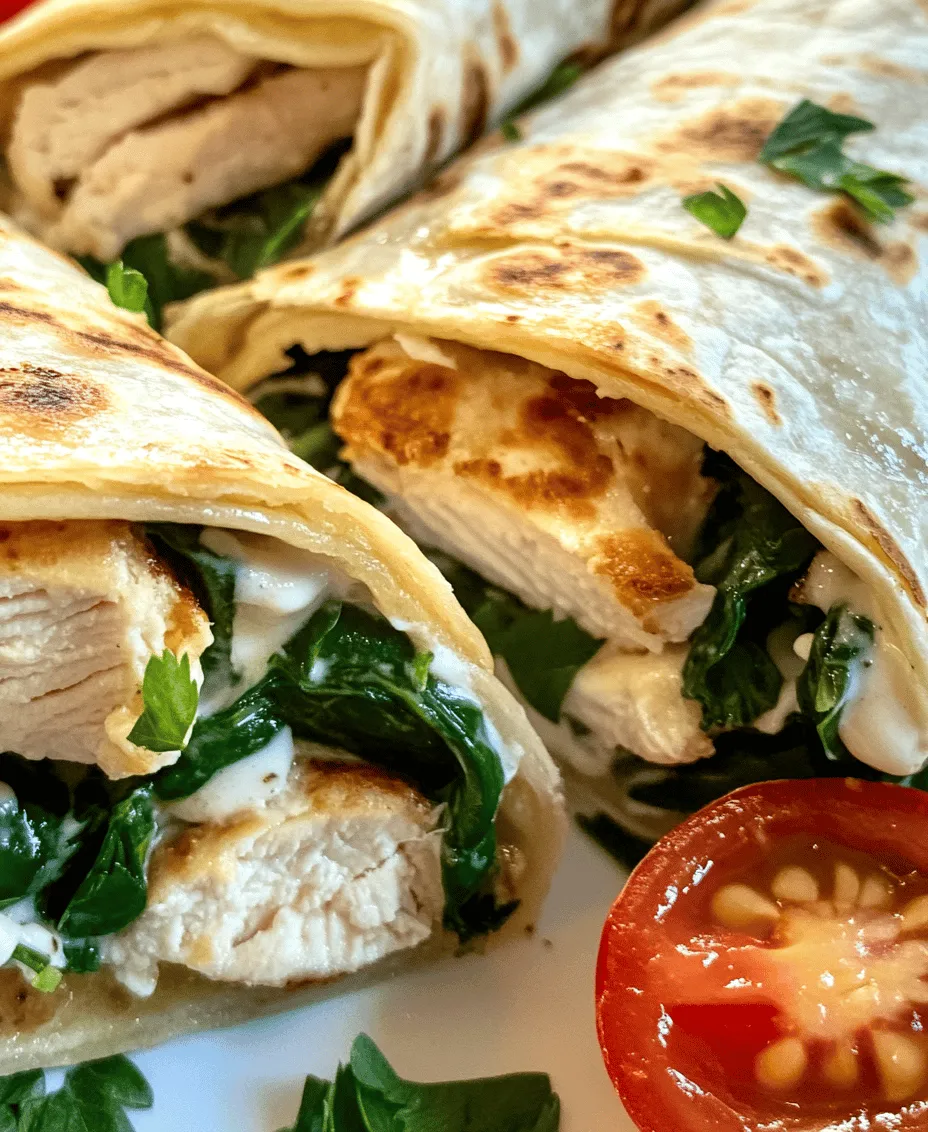 Wraps have become a popular meal option for many, offering a perfect blend of convenience and flavor. Whether you're looking for a quick lunch, a satisfying dinner, or a party platter, wraps cater to all occasions. They are easy to hold, customizable, and can be packed with nutritious ingredients. Among the many varieties, <strong>Cheesy Garlic Chicken Wraps</strong> stand out for their irresistible combination of flavors and textures. Imagine tender chicken marinated in aromatic garlic, enveloped in gooey cheese, and wrapped in a soft tortilla—this dish is sure to delight your taste buds.” /></p>
</p>
<p>Resting the chicken after cooking is a crucial step that should never be overlooked. This simple practice allows the juices within the chicken to redistribute, ensuring that every bite is succulent and full of flavor. If you slice into the chicken immediately after cooking, the juices will spill out onto the cutting board, leaving the meat dry and less enjoyable. A resting period of about 5 to 10 minutes will lock in moisture and enhance the overall taste of your Cheesy Garlic Chicken Wraps.</p>
</p>
<h3>Preparing the Wraps</h3>
</p>
<p>When it comes to preparing your wraps, the key is to consider both flavor and texture. Start with a high-quality tortilla; opt for large flour tortillas or whole wheat options that can hold up to the fillings without tearing. Once you have your tortillas ready, think about the layers that will create a delightful, mouth-watering experience.</p>
</p>
<p><strong>Layering Ideas for Optimal Flavor and Texture:</strong></p>
</p>
<p>1. <strong>Base Layer</strong>: Start with a spread like garlic aioli or a light cream cheese to add creaminess and a subtle garlic flavor.</p>
<p>2. <strong>Greens</strong>: Leafy greens such as spinach or arugula add a fresh crunch and balance the richness of the cheese and chicken.</p>
<p>3. <strong>Veggies</strong>: Consider layering in fresh sliced bell peppers, cucumbers, or shredded carrots for added texture and nutrients.</p>
<p>4. <strong>Cheese</strong>: Don’t shy away from adding a second type of cheese, such as feta or pepper jack, for a unique flavor twist.</p>
<p>5. <strong>Protein</strong>: Finally, add your sliced Cheesy Garlic Chicken, ensuring it’s evenly distributed for consistent flavor in every bite.</p>
</p>
<p><strong>Alternative Vegetables and Fillings:</strong></p>
<p>If you want to customize your wraps even further, consider using alternative vegetables like roasted zucchini, sautéed mushrooms, or even pickled onions for a tangy kick. You can also explore filling options like grilled shrimp, turkey, or even plant-based proteins for a vegetarian version.</p>
</p>
<h3>Assembling the Wrap</h3>
</p>
<p>Now that you have your layers prepared, it’s time to assemble your wrap. Here’s a step-by-step guide to ensure maximum flavor and enjoyment:</p>
</p>
<p>1. <strong>Lay the Tortilla Flat</strong>: Place your tortilla on a clean surface or a large plate.</p>
<p>2. <strong>Spread the Base</strong>: Use a knife or spatula to spread your chosen base layer evenly across the tortilla, leaving about an inch around the edges.</p>
<p>3. <strong>Layer the Greens</strong>: Add a handful of your chosen greens across the center, avoiding the edges to prevent spillage when rolling.</p>
<p>4. <strong>Add Vegetables and Cheese</strong>: Sprinkle your selected vegetables and cheese over the greens, making sure they are distributed evenly.</p>
<p>5. <strong>Place the Chicken</strong>: Arrange your sliced Cheesy Garlic Chicken on top of the veggies, ensuring it’s layered well.</p>
<p>6. <strong>Roll the Wrap</strong>: Fold in the sides of the tortilla, then starting from the bottom, tightly roll up the tortilla to form a wrap. Make sure the fillings are tucked in as you roll to maintain a tight wrap.</p>
</p>
<p><strong>Tips for Ensuring the Wrap Holds Together:</strong></p>
<p>To ensure your wrap doesn’t fall apart while being eaten, you can secure it with a toothpick or wrap it in parchment paper. Additionally, using a bit of the spread on the edges before rolling can help seal the wrap together.</p>
</p>
<h3>Toasting the Wraps</h3>
</p>
<p>Toasting your wraps is an essential step that enhances both texture and flavor. A crispy exterior contrasts beautifully with the melty cheese and tender chicken, creating a satisfying crunch.</p>
</p>
<p><strong>Toasting Process:</strong></p>
<p>1. <strong>Preheat Your Cooking Surface</strong>: Whether you choose a skillet or a grill, ensure it’s preheated to medium heat.</p>
<p>2. <strong>Add the Wraps</strong>: Place the assembled wraps seam side down on the hot surface.</p>
<p>3. <strong>Cook Until Golden</strong>: Allow the wraps to cook for about 3-4 minutes on each side, or until they are golden brown and crispy.</p>
</p>
<p><strong>Options for Cooking Methods:</strong></p>
<p>– <strong>Skillet</strong>: This method allows for more control and is ideal for getting that perfect crispy finish. You can add a small amount of oil or butter to enhance flavor.</p>
<p>– <strong>Grill</strong>: Grilling your wraps adds a smoky flavor and beautiful grill marks. If using a grill, consider using a grill basket to prevent the wraps from falling apart.</p>
</p>
<h3>Serving Suggestions</h3>
</p>
<p>Cheesy Garlic Chicken Wraps are versatile and can be adapted for various occasions. Here are some ideal accompaniments and serving suggestions:</p>
</p>
<p>– <strong>Occasions</strong>: Perfect for lunch, dinner, or even a casual gathering, these wraps can easily be made for a healthy weekday meal or a fun party platter.</p>
<p>– <strong>Side Dishes</strong>: Serve your wraps with sides like sweet potato fries, a fresh garden salad, or a bowl of creamy soup for a well-rounded meal. You could also consider offering dips like salsa or guacamole for added flavor.</p>
</p>
<h3>Nutritional Information and Benefits</h3>
</p>
<p>Understanding the nutritional content of your Cheesy Garlic Chicken Wraps can help you make informed choices. Here’s a breakdown per serving:</p>
</p>
<p>– <strong>Calories</strong>: Approximately 450-500 calories, depending on the ingredients used.</p>
<p>– <strong>Protein</strong>: Around 30-35g from chicken and cheese.</p>
<p>– <strong>Carbohydrates</strong>: 40-50g, mainly from the wrap and vegetables.</p>
<p>– <strong>Fats</strong>: 15-20g, which can vary based on the cheese and any added oils.</p>
</p>
<p><strong>Health Benefits of Ingredients:</strong></p>
<p>The chicken provides lean protein, essential for muscle building and repair, while the vegetables contribute vitamins, minerals, and fiber. Cheese not only adds flavor but also delivers calcium and protein.</p>
</p>
<p><strong>Tips for Making the Recipe Healthier:</strong></p>
<p>– <strong>Low-Fat Cheese</strong>: Use low-fat cheese options to cut down on calories and fat.</p>
<p>– <strong>Add More Veggies</strong>: Boost the nutritional value by loading up on vegetables. They add volume without many calories.</p>
<p>– <strong>Whole Wheat Tortillas</strong>: Opt for whole wheat tortillas for added fiber.</p>
</p>
<h3>Variations and Customizations</h3>
</p>
<p>One of the best aspects of Cheesy Garlic Chicken Wraps is their versatility. Here are some ideas for variations and customizations:</p>
</p>
<p>– <strong>Vegetarian Version</strong>: Substitute the chicken with grilled tofu, tempeh, or a variety of beans for a hearty vegetarian wrap.</p>
<p>– <strong>Gluten-Free Option</strong>: Use gluten-free tortillas to make this recipe accessible for those with dietary restrictions.</p>
<p>– <strong>Flavor Profiles</strong>: Experiment with different spices or marinades for the chicken; try adding cayenne for heat or fresh herbs for a lighter taste.</p>
<p>– <strong>Diverse Sauces</strong>: Incorporate sauces like sriracha, ranch dressing, or a tangy vinaigrette to enhance the flavor and add variety.</p>
</p>
<h3>Conclusion</h3>
</p>
<p>Cheesy Garlic Chicken Wraps are not only a delicious and satisfying meal but also an easy and versatile option for any occasion. They combine the irresistible flavors of cheesy, garlicky goodness with the convenience of being wrapped up for on-the-go enjoyment. Cooking at home opens the door to experimenting with flavors and ingredients, allowing you to create a dish that perfectly suits your taste.</p>
</p>
<p>We encourage you to try this recipe and enjoy the delightful combination of flavors for yourself. Whether you’re preparing a quick lunch or catering for a gathering, these wraps are sure to please everyone at the table. Get ready to indulge in a flavorful experience that brings the joy of homemade cooking directly to your kitchen!</p>
<div id=