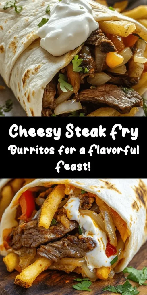 Satisfy your cravings with these mouthwatering Steak & Cheese Dirty Fry Burritos! Packed with tender flank steak, sautéed veggies, and gooey cheddar and Monterey Jack cheese, all wrapped in a warm tortilla. Don’t forget the crispy French fries inside for that extra crunch! Perfect for a fun dinner or game day treat. Serve with sour cream, cilantro, and hot sauce for a flavor explosion. Try this delicious recipe today!