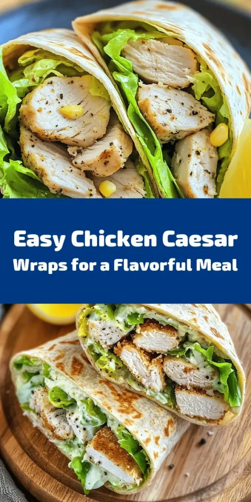 Looking for a quick and delicious meal? Try these Chicken Caesar Wraps! Perfect for lunch or a light dinner, they combine tender chicken, crispy romaine lettuce, rich Caesar dressing, and crunchy croutons all wrapped in whole wheat tortillas. Ready in just 30 minutes, this recipe is both satisfying and refreshing. Serve with a squeeze of lemon for a zesty finish. Perfect for busy weeknights or meal prep! Enjoy a burst of flavor in every bite!