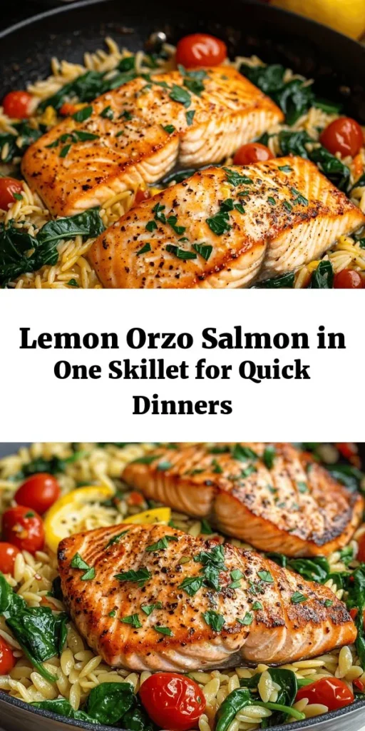 Make weeknight dinners effortless with this One Skillet Salmon with Lemon Orzo recipe! In just 25 minutes, you can whip up perfectly seared salmon fillets atop a bed of zesty orzo pasta, infused with garlic, lemon juice, and fresh spinach. The addition of cherry tomatoes adds a burst of color and flavor, while a sprinkle of red pepper flakes gives it a kick. Perfectly simple yet elegant for any meal! Don't forget to garnish with fresh parsley to elevate your dish.