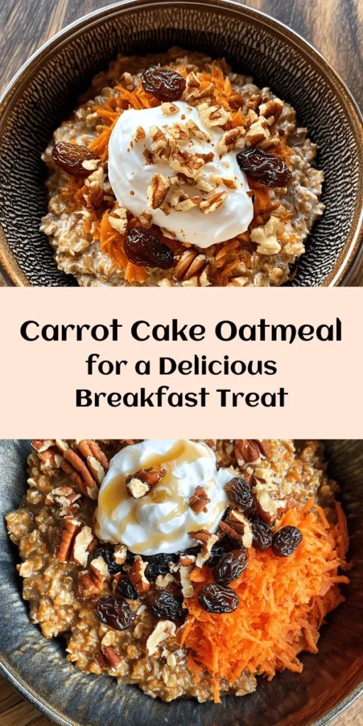Start your day with a warm bowl of Carrot Cake Oatmeal Delight! This delicious recipe combines rolled oats with grated carrots, shredded coconut, and a mix of spices for a cozy breakfast. Packed with nutritious ingredients like raisins and pecans, it's both satisfying and healthy. Sweeten it up with maple syrup, and customize with your favorite toppings like Greek yogurt or honey. Ready in just 15 minutes, it’s perfect for busy mornings!
