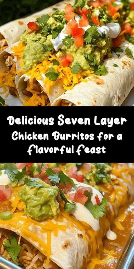 Indulge in these delicious Seven Layer Chicken Burritos that are perfect for dinner or a fun gathering! Packed with shredded chicken, refried beans, rice, and cheese, each bite bursts with flavor. Layer on sour cream, salsa, and guacamole for a tasty twist. Optionally, add crumbled tortilla chips for a satisfying crunch. Easy to make and customizable, these burritos will surely impress your family and friends. Ready in just 30 minutes!